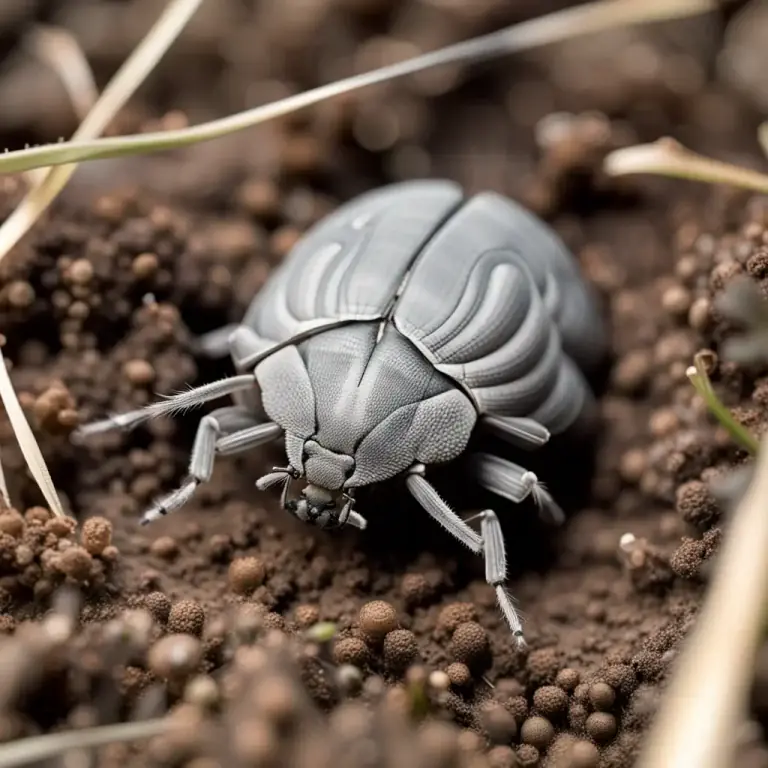 Visual representation of "roly-poly" - A small, grey garden bug that can roll into a ball