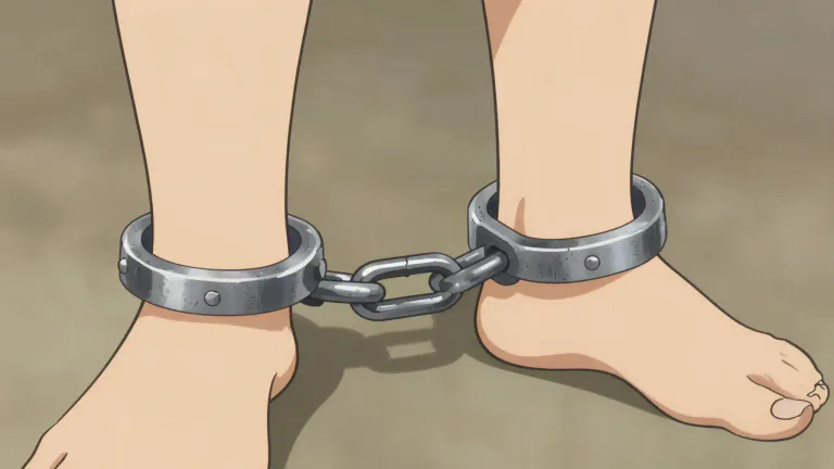 Visual representation of "shackle" - A metal link, usually in a pair, that can be locked around a person's wrists or ankles to limit their movement.