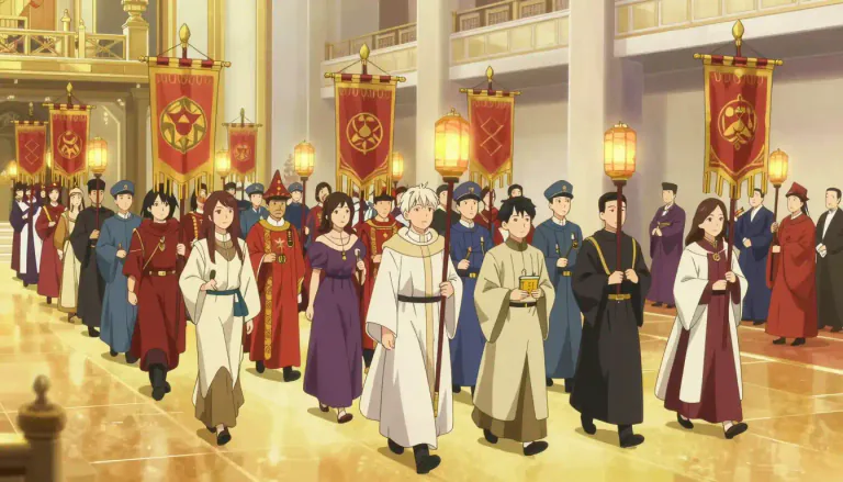 Visual representation of "processional" - Related to or suitable for a formal parade or ceremony.