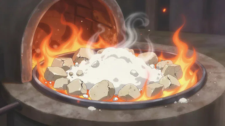 Visual representation of "calcination" - The process of heating a substance to high temperatures in the presence of air or oxygen to cause decomposition.