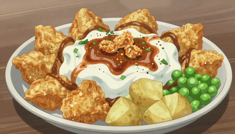 Visual representation of "chaat" - A savory snack made from a mix of various ingredients, typically including fried dough, potatoes, peas, yogurt, and spices, popular in Indian street food.