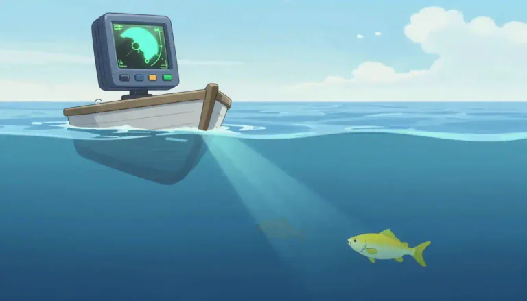 Visual representation of "fishfinder" - A fishfinder is an electronic device that uses sonar to detect and display the presence of fish in the water.