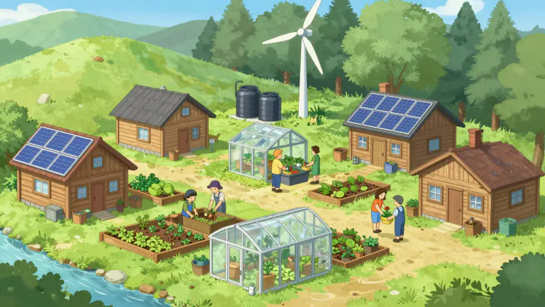 Visual representation of "ecovillage" - A type of sustainable community designed to have a minimal ecological footprint, focusing on environmental responsibility and social cohesion.