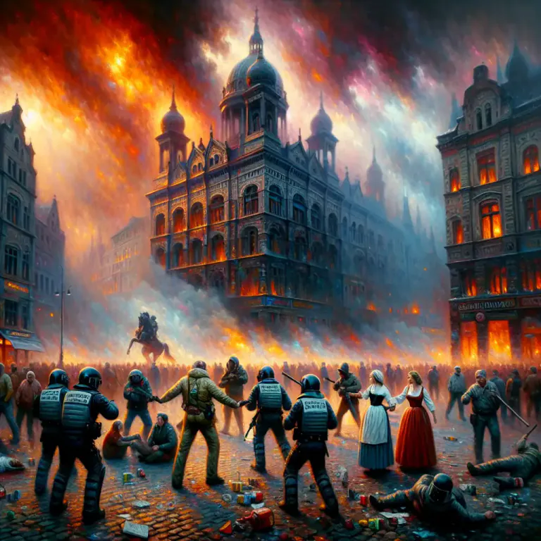 Visual representation of "conflagration" - An intense and dangerous situation that is often violent