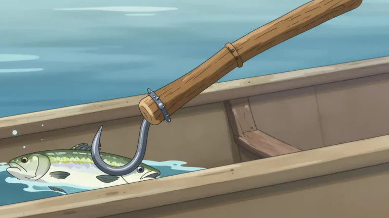 Visual representation of "gaff" - A stick with a hook or barbed spear, for landing large fish.