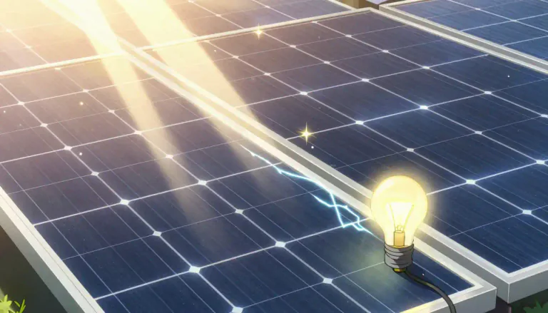 Visual representation of "photoelectric" - Relating to the generation of electric current or energy from the interaction of light and matter.