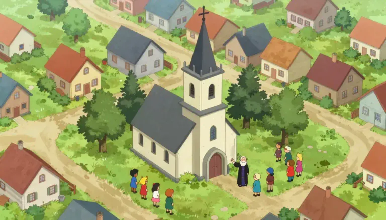 Visual representation of "parish" - A particular area in a Christian church or church community, often looked after by a priest.