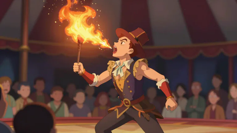 Visual representation of "fire-eater" - A person who performs the trick of eating fire for entertainment.