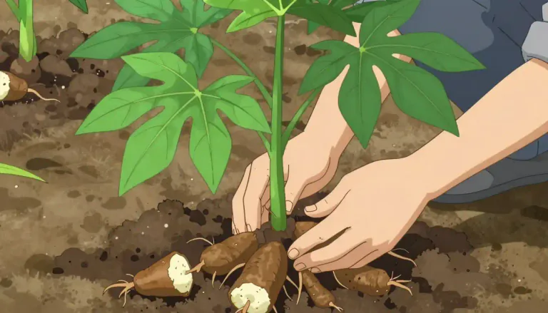 Visual representation of "cassava" - A plant that has a thick root, which is used to produce tapioca or can be eaten.