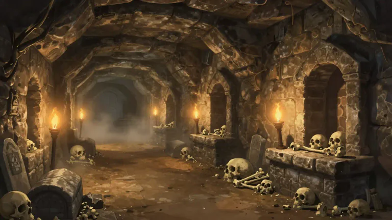 Visual representation of "catacombs" - An underground cemetery with tunnels and rooms for graves.