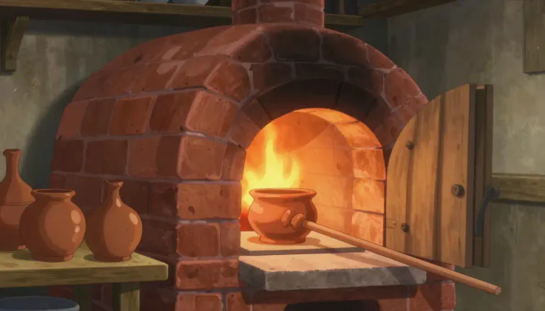 Visual representation of "kiln" - A type of oven used for hardening, burning, or drying something, usually used in pottery, bricks, etc.