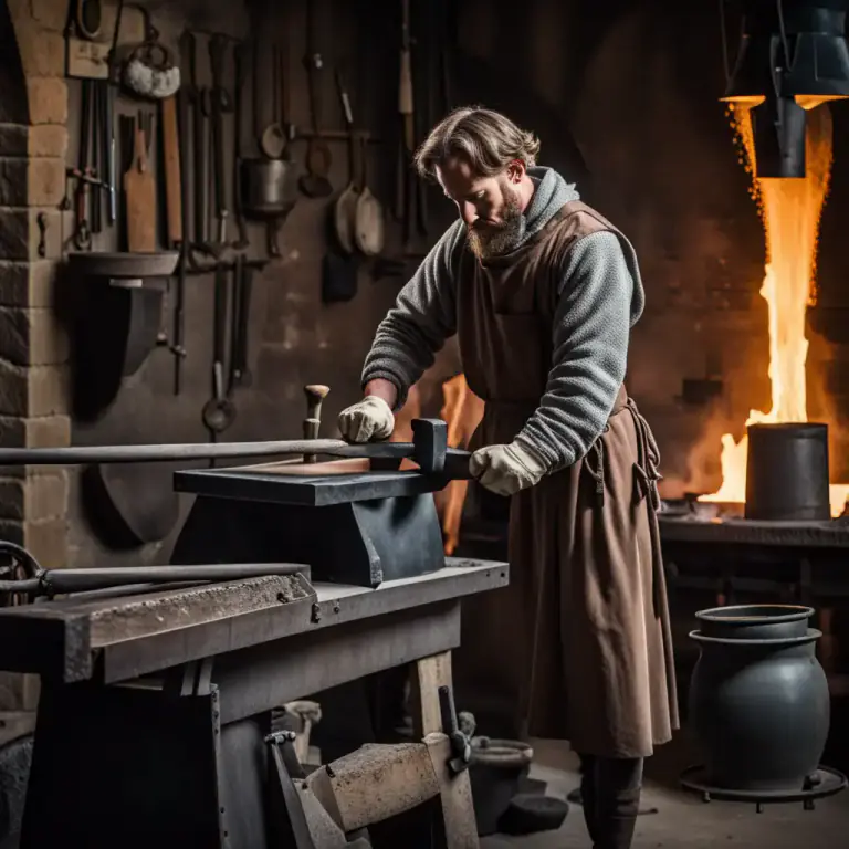 Visual representation of "blacksmith" - In a historical or fantasy context, a blacksmith may also make weapons and armor.