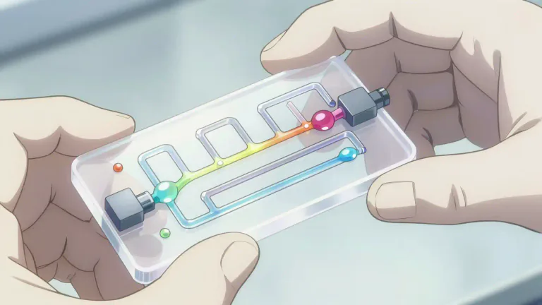 Visual representation of "microfluidic" - Referring to the technology that deals with the behavior, control, and manipulation of fluids that are geometrically constrained to a small, typically sub-millimeter scale.