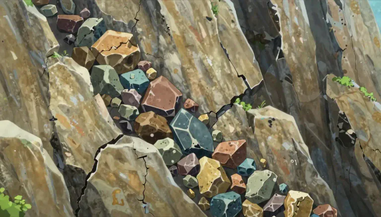 Visual representation of "breccia" - Breccia is a type of rock that is made up of large angular fragments cemented together, typically found in areas of geological upheaval.