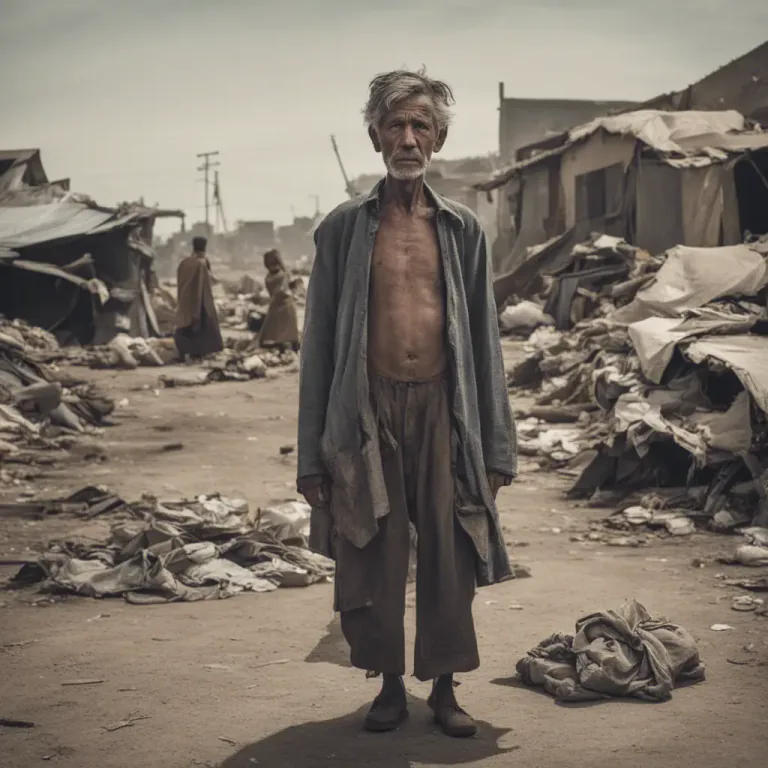 Visual representation of "in rags" - Wearing torn or old clothes, usually due to poverty.