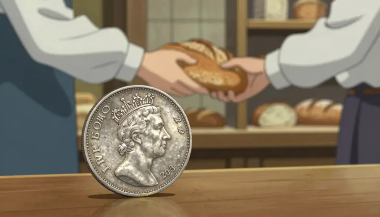 Visual representation of "sixpence" - A British coin worth six pennies used in the past.