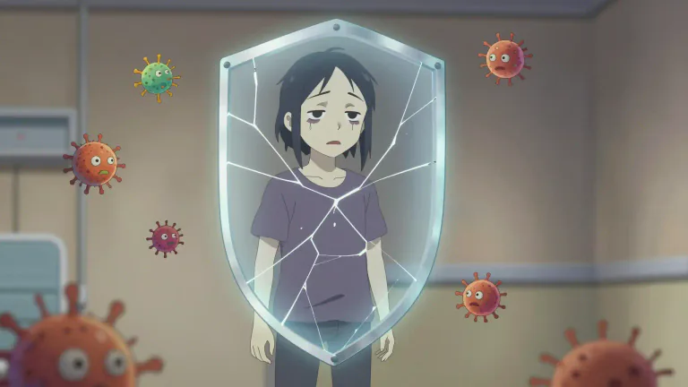Visual representation of "immunocompromised" - A person whose immune system is weakened, making them more susceptible to infections and diseases.