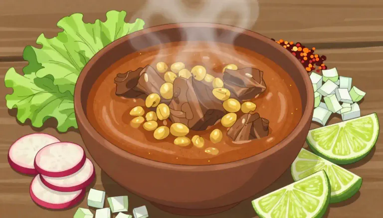 Visual representation of "pozole" - Pozole is a traditional Mexican soup made with hominy and usually includes meat, garnished with various toppings.