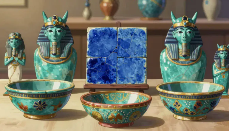 Visual representation of "faience" - Faience is a type of glazed ceramic that is often colorful and ornate, commonly produced in ancient Egypt and other cultures.
