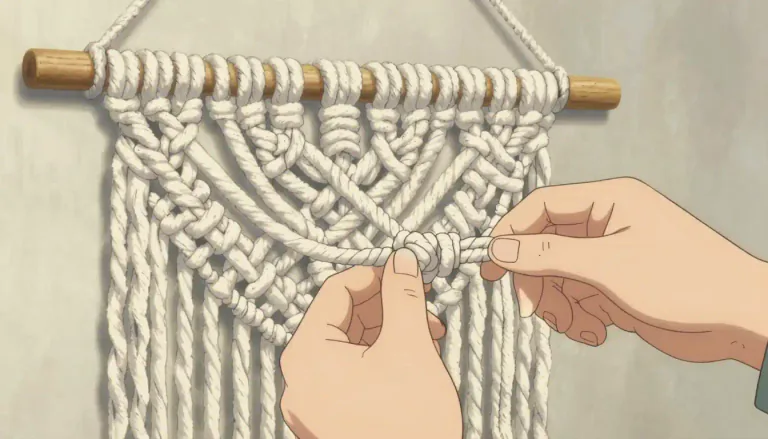 Visual representation of "macrame" - A form of textile-making using knotting techniques to create patterns and designs.