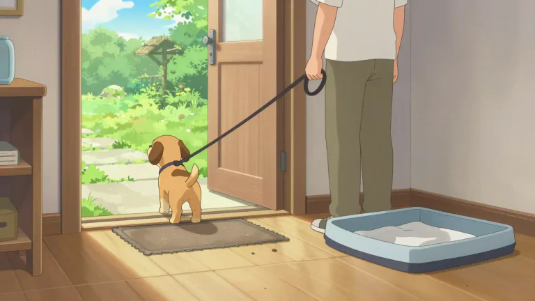Visual representation of "housebreak" - To teach a pet, especially a dog, to relieve itself outside the house rather than indoors.