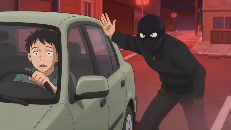 Visual representation of "carjack" - To steal a vehicle from someone by force or threat.