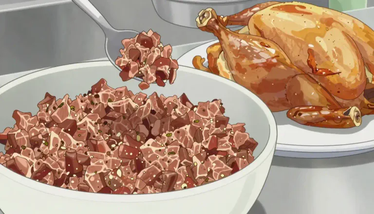 Visual representation of "forcemeat" - A mixture of finely chopped and ground food, especially meat or fish, that is used to stuff other foods.