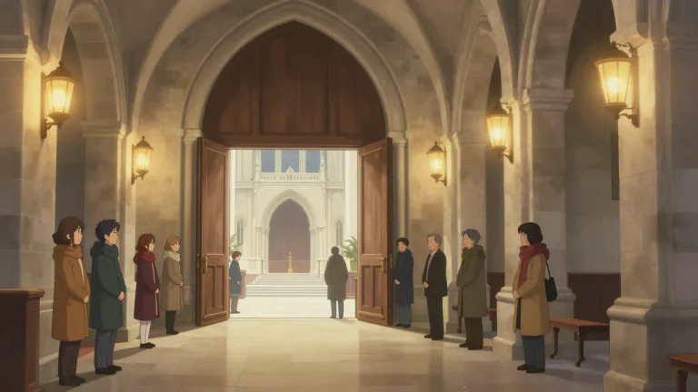 Visual representation of "narthex" - A narthex is a large entrance or lobby area of a church, located before the main part of the building.