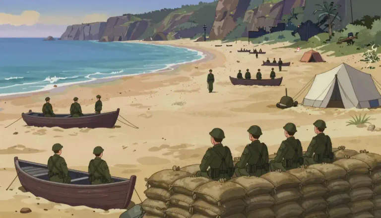 Visual representation of "beachhead" - A beachhead is a secure starting point on a beach from which troops can move into enemy territory.