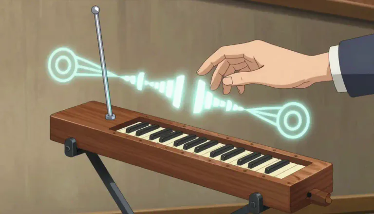 Visual representation of "theremin" - A theremin is an electronic musical instrument that produces sound when the player moves their hands near two metal antennas, controlling pitch and volume.