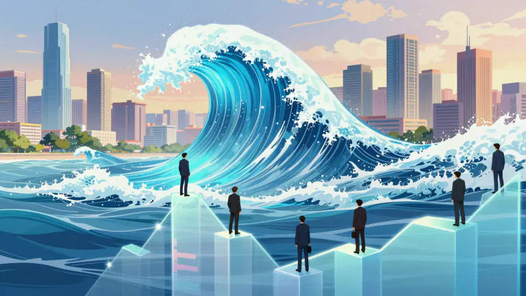 Visual representation of "the crest of a/the wave" - Usually in a business context, the metaphorical high-point in a cycle of business activity.
