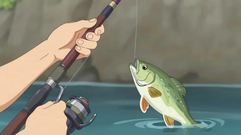 Visual representation of "hookset" - The action of securing a hook in the mouth of a fish after it bites.