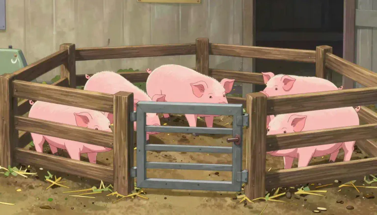 Visual representation of "pigpen" - A small enclosed area for keeping pigs.