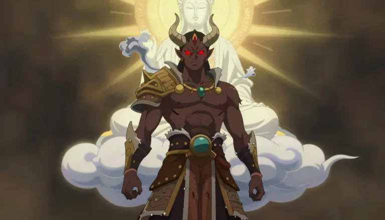 Visual representation of "asura" - In Hinduism and Buddhism, a being that is often considered to be malevolent or of lower status than the gods.