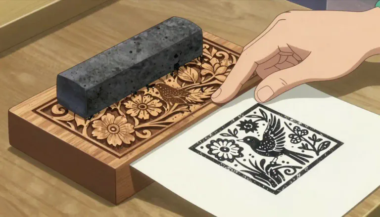 Visual representation of "woodblock" - A woodblock is a piece of wood that has been carved with a design that can be used for printing images, often seen in traditional art forms.