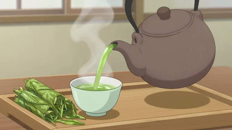 Visual representation of "sencha" - Sencha is a type of Japanese green tea made from the leaves of the tea plant, which are steamed and dried, resulting in a fresh, grassy flavor.