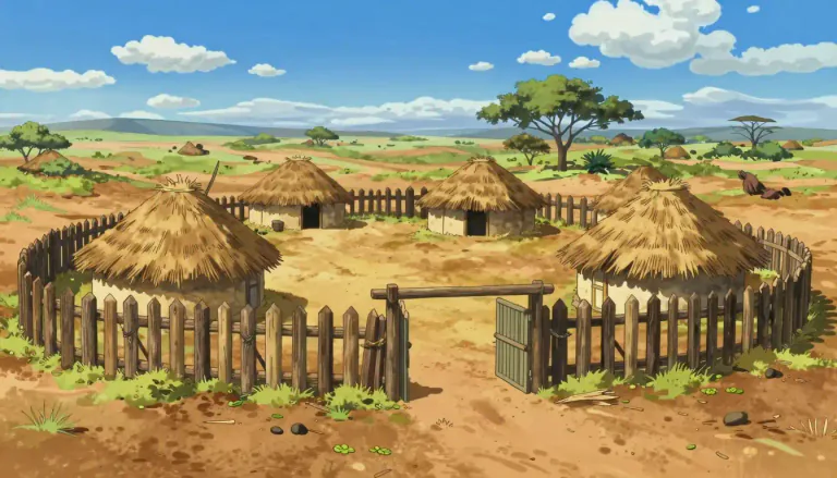 Visual representation of "kraal" - An African village made up of huts surrounded by a fence