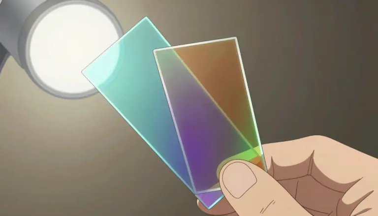 Visual representation of "dichroic" - Relating to a material exhibiting different colors when viewed from different angles.