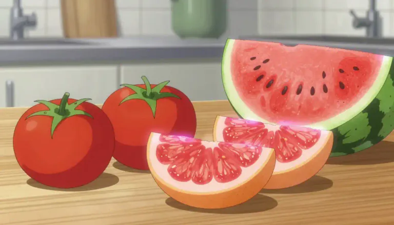 Visual representation of "lycopene" - A natural pigment that gives red and pink fruits and vegetables their color, particularly tomatoes, and has health benefits.