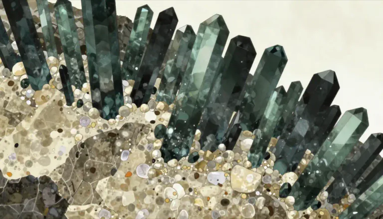 Visual representation of "amphibole" - A type of silicate mineral that typically forms in elongated crystals and is an important component of many igneous and metamorphic rocks.