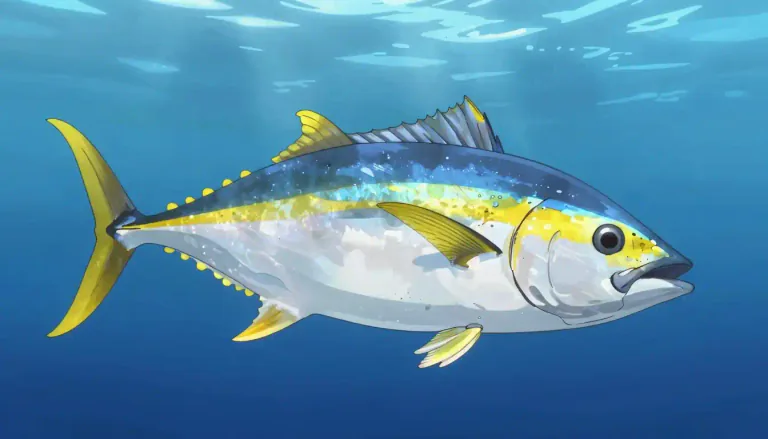 Visual representation of "yellowfin" - A species of large fish known as yellowfin tuna, recognized for its bright yellow fins and valued in commercial fishing as well as in cuisine.