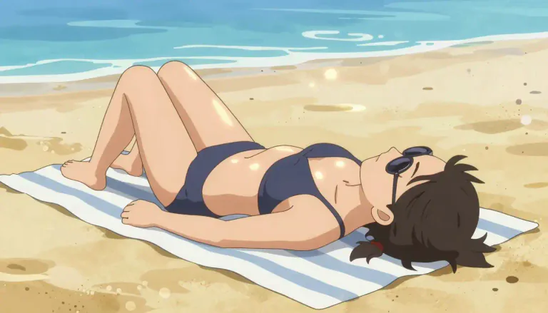 Visual representation of "sunbathing" - The activity of lying in the sun for relaxation or to achieve a tan.