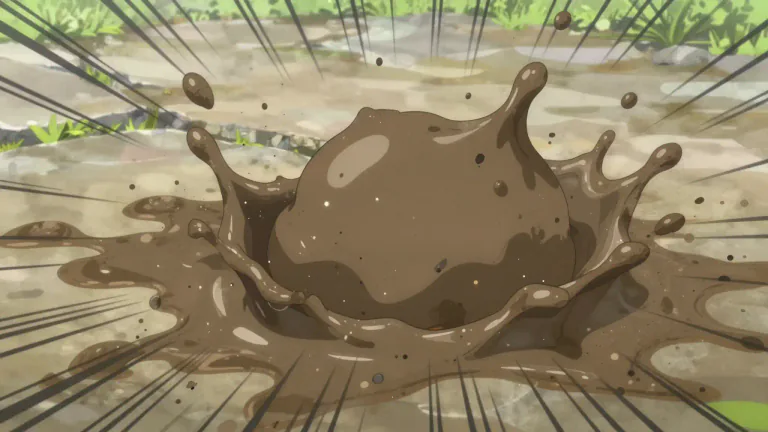 Visual representation of "splat" - A loud, messy sound that is made when something soft and wet hits a surface.
