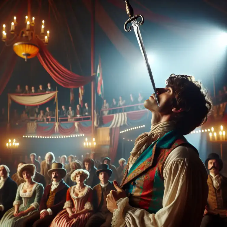 Visual representation of "swordsman" - A person who performs tricks involving swords, especially a sword swallower in a circus.