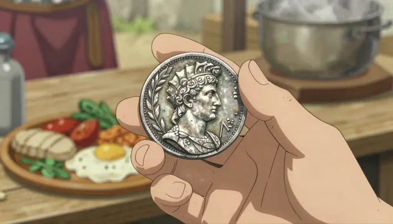 Visual representation of "denarius" - A denarius was a silver coin used in ancient Rome, typically representing a day's wage for a laborer.