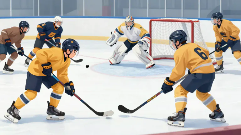Visual representation of "hockey" - A game played between two teams on ice or a field, where the players try to hit a small puck or ball into the other team's goal using a long stick.
