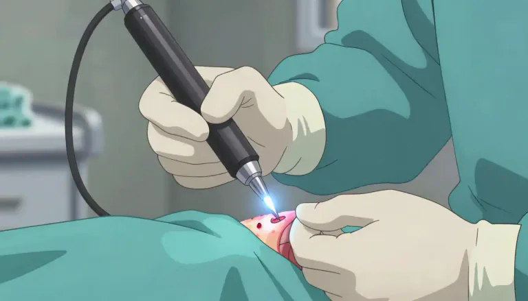 Visual representation of "electrocautery" - A surgical technique that uses electric current to cut through tissue or stop bleeding.