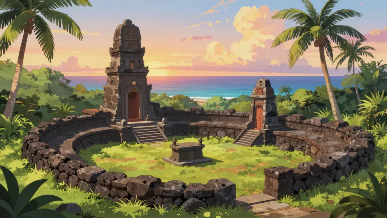 Visual representation of "heiau" - A heiau is an ancient Hawaiian temple dedicated to the worship of gods or ancestors.