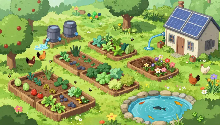 Visual representation of "permaculture" - A system of agricultural and social design principles that aim to create sustainable and self-sufficient ecosystems.