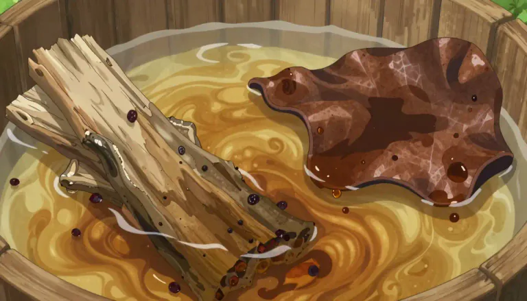 Visual representation of "tannin" - A yellowish or brownish bitter-tasting organic substance present in some plants, used in tanning leather and in making ink.
